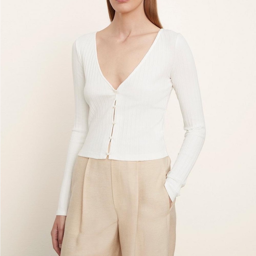 Vince Ribbed Cardigan with Pearl Buttons